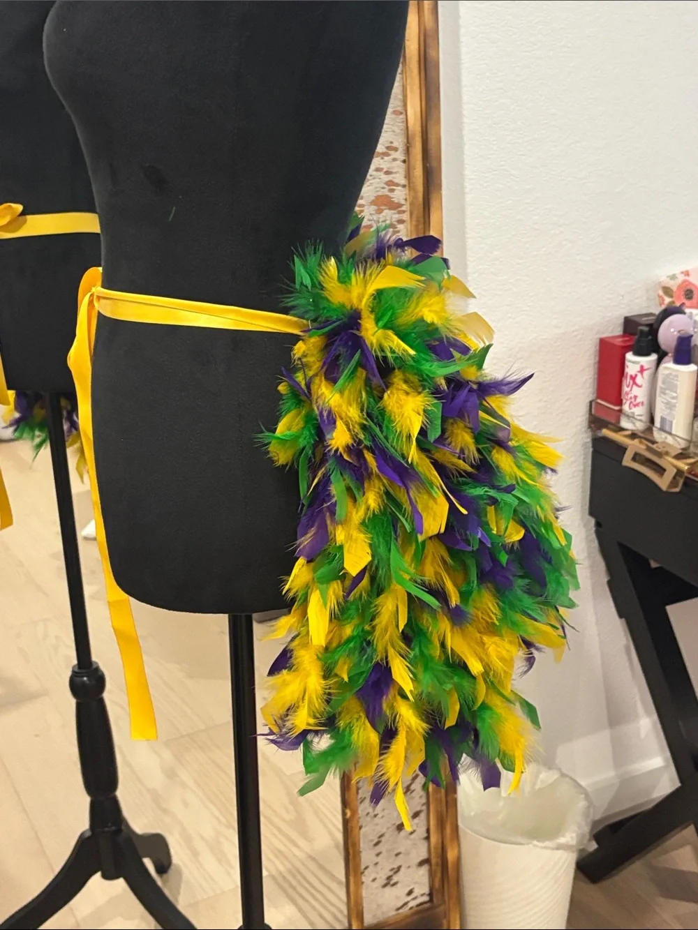 Custom feather bustle - Green, Yellow & Purple